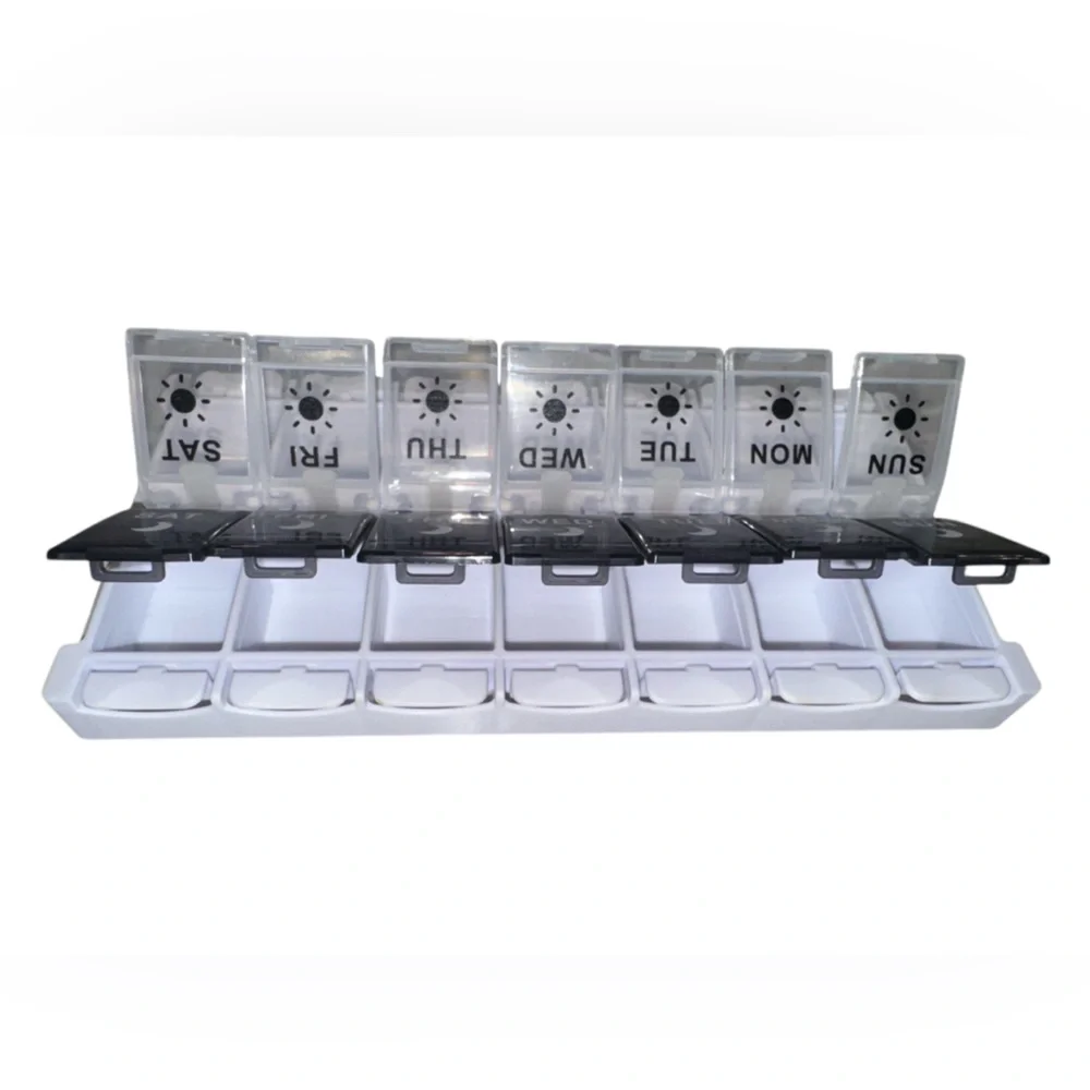 Weekly Pill Organizer with Black and White Compartments